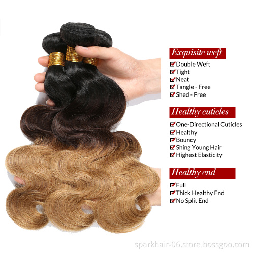 SPARK Wholesale Vendors Virgin Hair Bundles 3 Tone Color 1B 4 27 Ombre Color Hair Raw Virgin Human Hair Extension